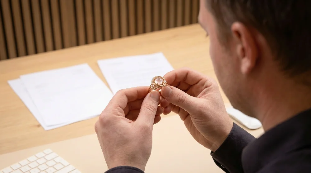 Sieradenexpert taxeert een Piaget Rose Passion sieraad met loep.