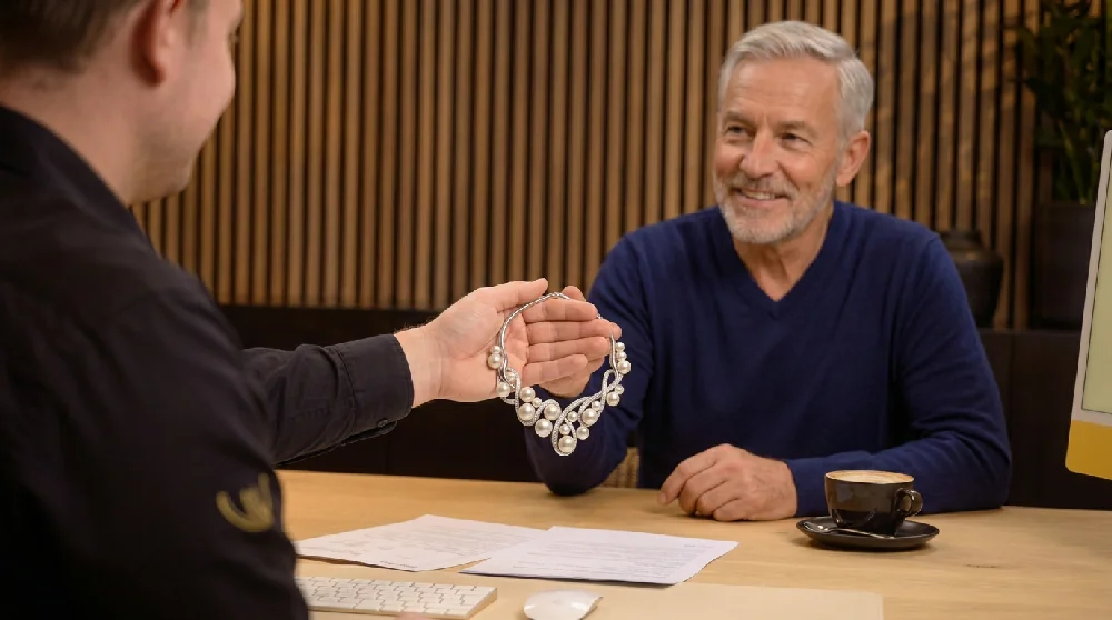 Vrouw vult online formulier in voor verpanding van sieraden