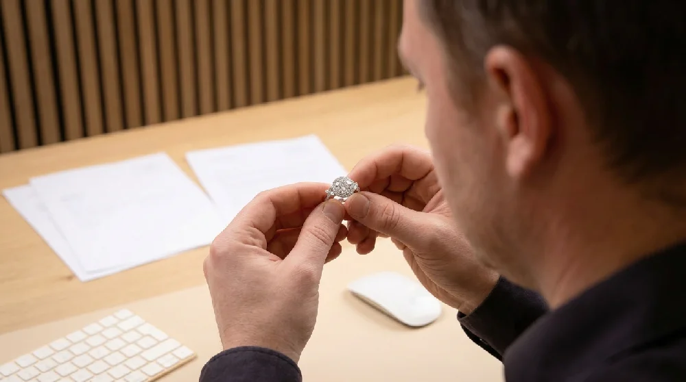 Juwelier inspecteert Tiffany & Co. Soleste ring onder een loep.