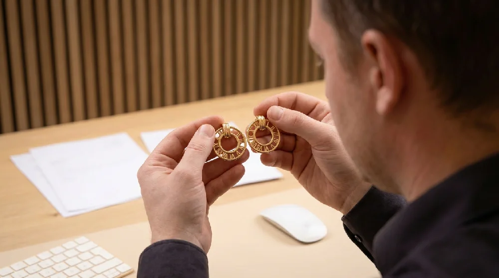 Handen taxeren een Tiffany & Co. Atlas sieraad onder een vergrootglas