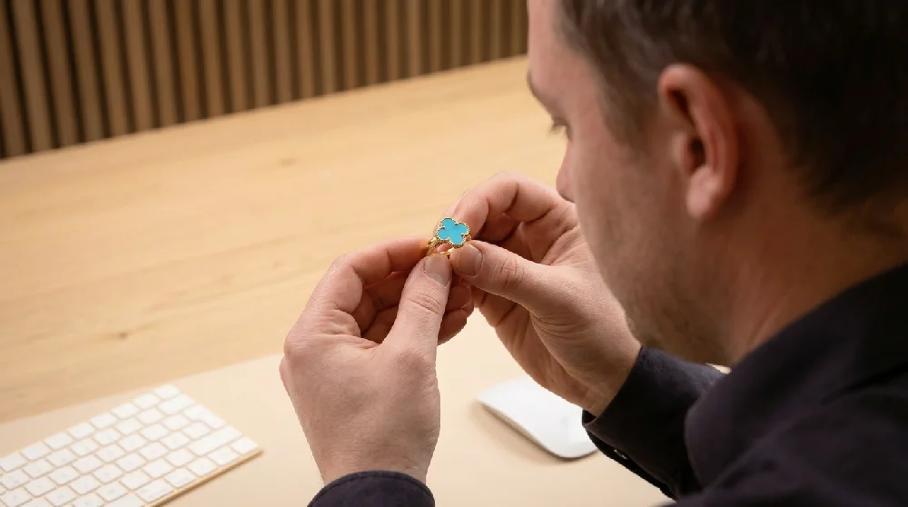 Een man taxeert een sieraad op kantoor