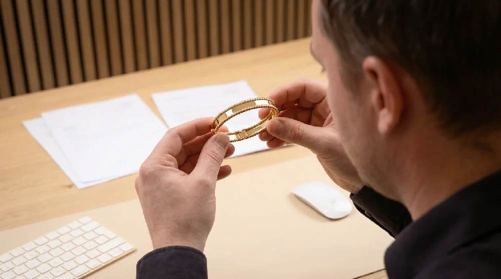 Juwelier keurt Van Cleef & Arpels Perlée sieraad in een afspraak.
