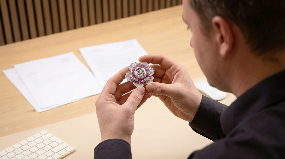 Expert taxeert een Van Cleef & Arpels sieraad onder een loep