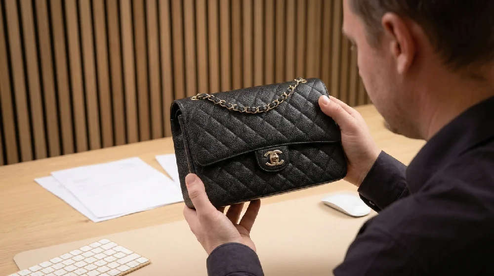 Persoon taxateur inspecteert Chanel Classic Flap tijdens afspraak