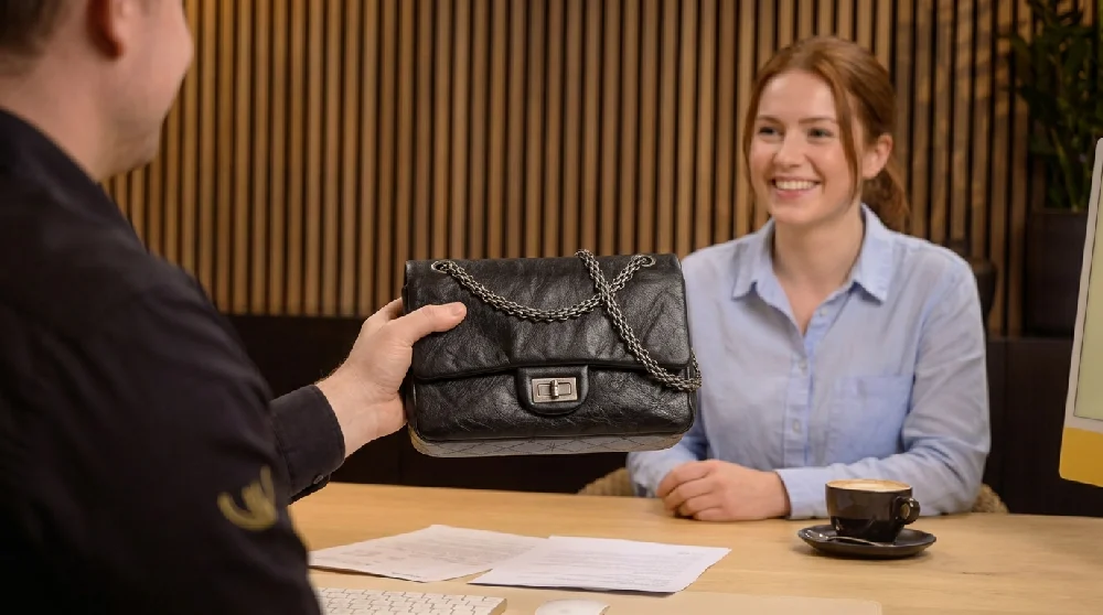 Vrouw vult online formulier in voor taxatie van een Chanel 2.55 Reissue tas