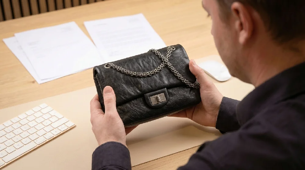 Medewerker Vandaag Verpanden inspecteert een Chanel 2.55 Reissue tas