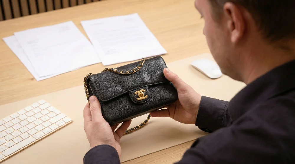 Expert inspecteert een Chanel tas tijdens afspraak.