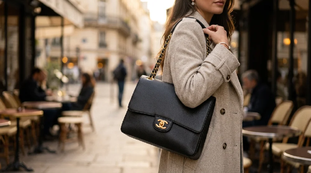 Beveiligde kluisdeur van een opslagruimte met een medewerker die de Chanel 22 tas veilig opbergt.