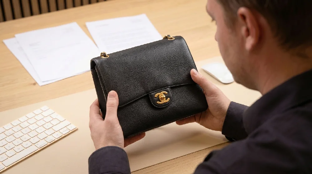 Een expert taxeert de Chanel 22 tas tijdens een persoonlijke afspraak, met documenten op tafel.