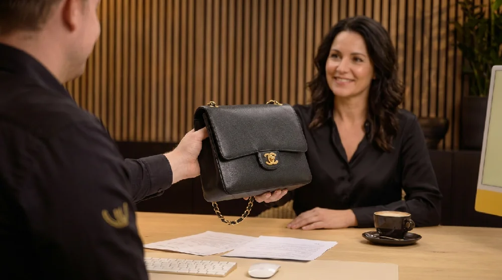 Persoon vult online een formulier in op een laptop, met de Chanel 22 tas discreet op de achtergrond.