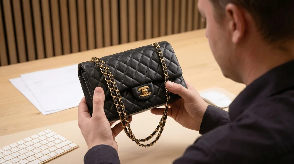 Een medewerker van Vandaag Verpanden inspecteert een designer tas