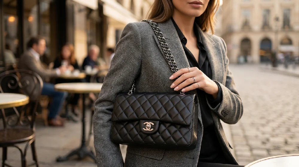 ## Alt-tekst Iemand in een grijze wollen blazer en een zwarte blouse draagt een klassieke, gewatteerde zwarte handtas met een zilverkleurige kettingschakel en een 'CC'-sluiting. De achtergrond toont een wazig Europees terras met zittende mensen en een straat met kasseien.