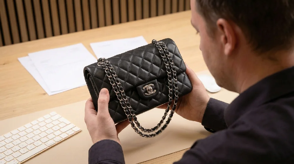Een medewerker van Vandaag Verpanden taxeert een Chanel Gabrielle Medium tas