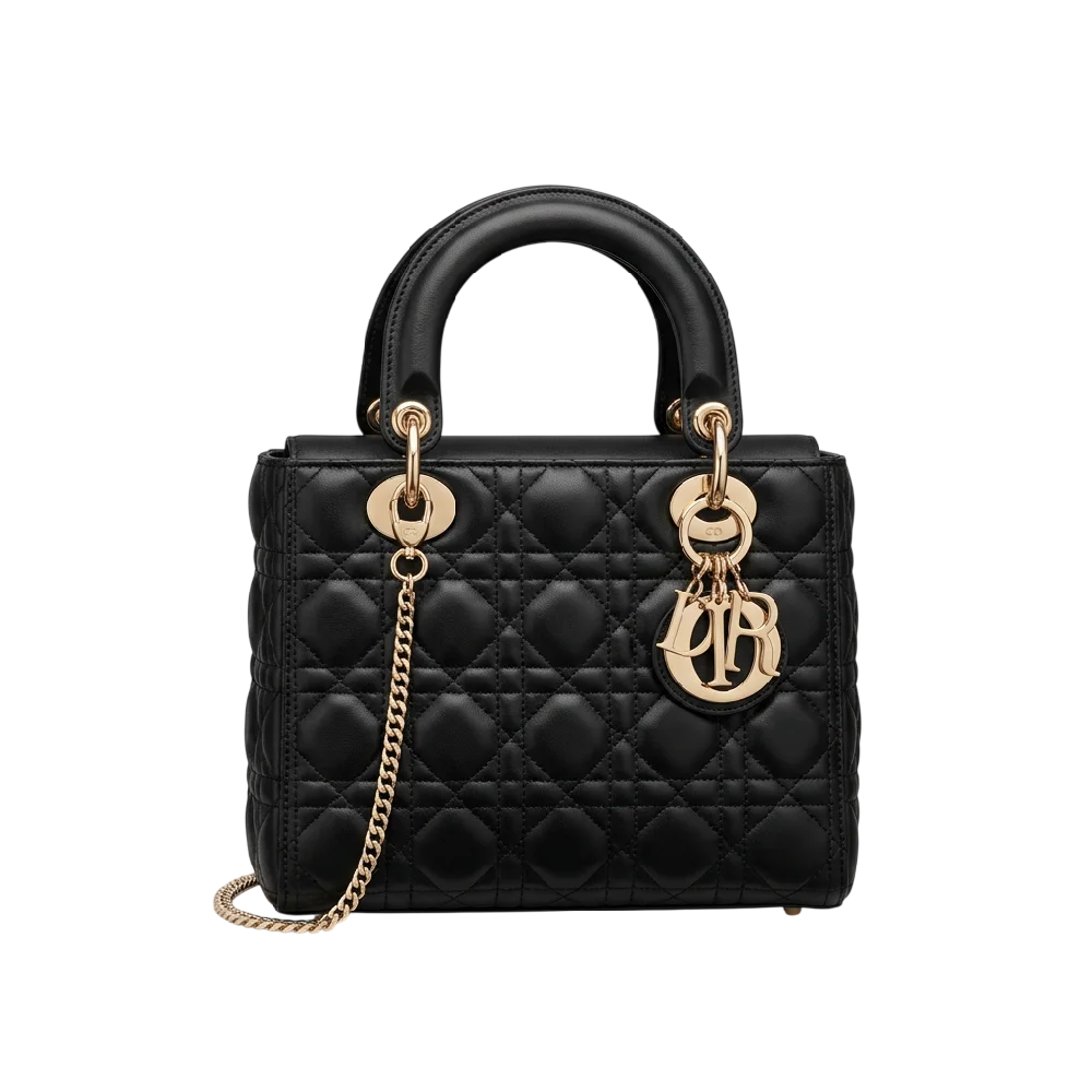 Luxe zwarte Dior Lady Dior tas met zilveren hardware op een witte achtergrond.