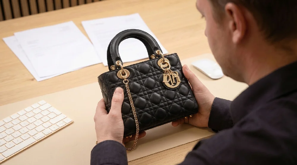 Handen van taxateur inspecteren een luxe tas op kwaliteit en echtheid tijdens een afspraak.