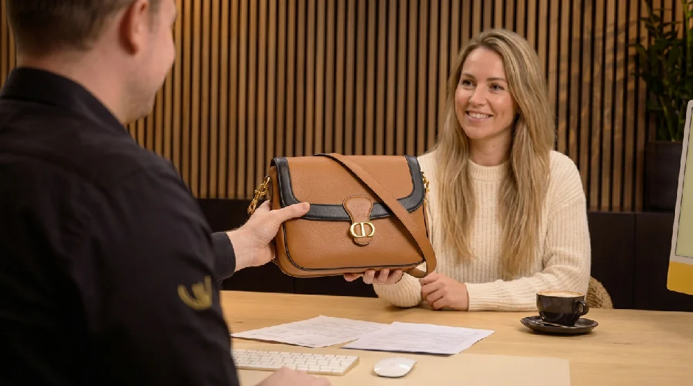 Een persoon vult online een formulier in op een laptop, met de Dior Saddle Bag ernaast