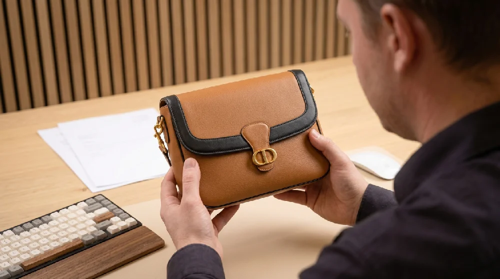 Een medewerker van Vandaag Verpanden inspecteert een Dior Saddle Bag tijdens een afspraak met een klant