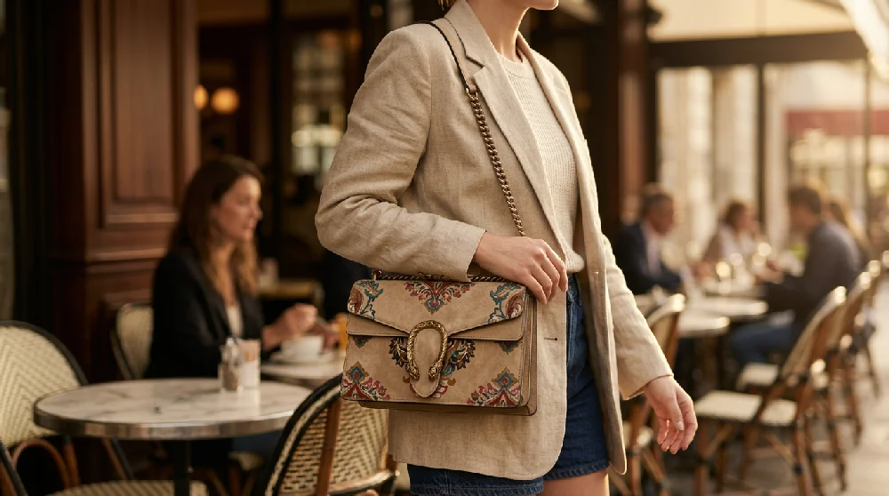 Iemand in een beige linnen blazer draagt een suède schoudertas met een kleurrijk barokpatroon en een goudkleurige tijgerkopsingel. De achtergrond toont een wazig terras met zittende mensen.