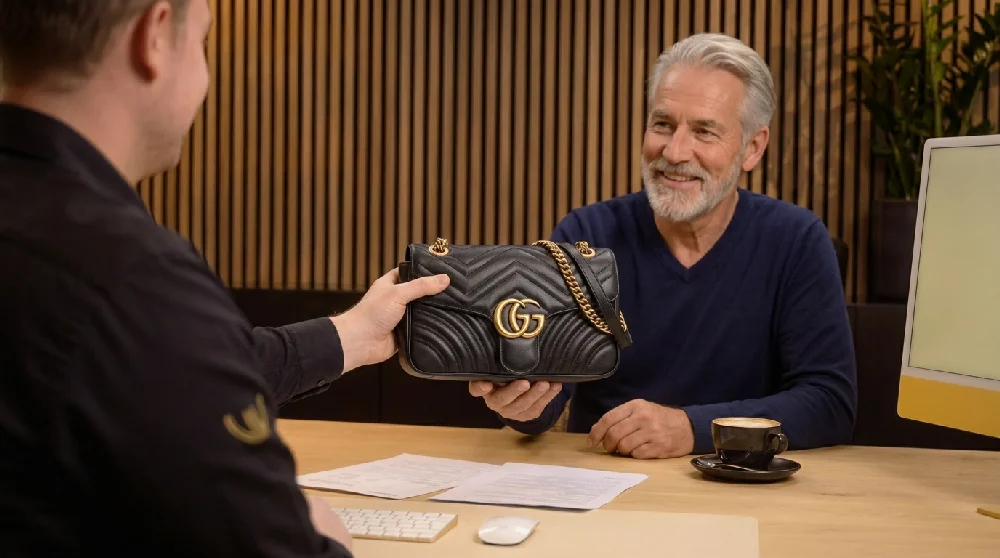 Vrouw vult online formulier in op tablet voor snelle waardebepaling van Gucci tas