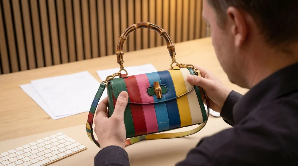 Een medewerker van Vandaag Verpanden inspecteert een Gucci Bamboo 1947 Medium handtas, symboliserend de afspraak en taxatie.