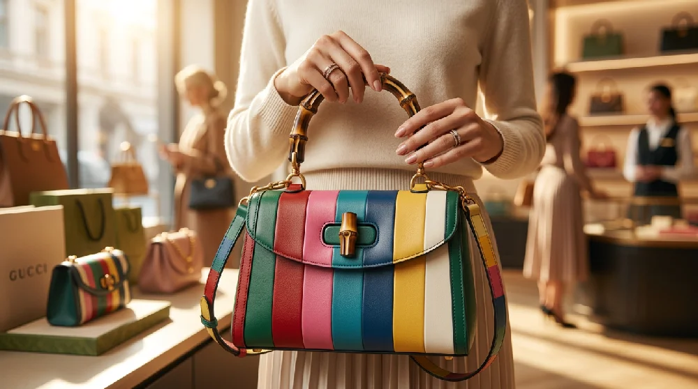 Een rij luxe handtassen, waaronder een Gucci Bamboo, op een plank in een beveiligde opslagruimte, verzekerd en geklimatiseerd.