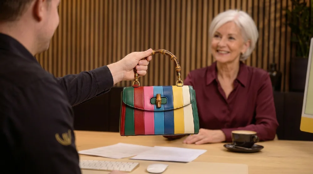 Een persoon vult online een formulier in op een laptop, symboliserend de aanvraag voor het verpanden van een Gucci Bamboo.