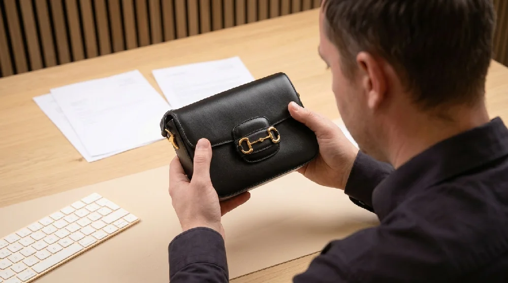 Man taxateur bekijkt een luxe handtas voor pand