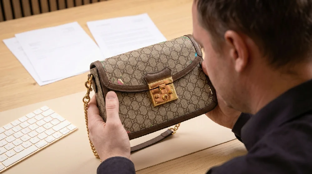 Een medewerker van Vandaag Verpanden inspecteert een Gucci tas