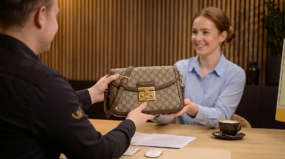Een hand vult online een formulier in voor de taxatie van een Gucci tas