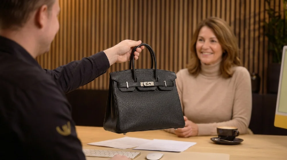 Vrouw vult online formulier in voor waardebepaling Hermès Birkin.