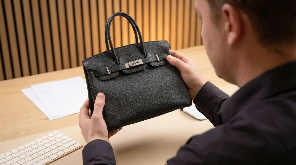 Expert taxeert Hermès Birkin tas tijdens een persoonlijke afspraak.