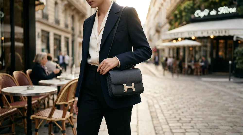 Een persoon in een donkerblauwe blazer, een matchende pantalon en een crème-witte blouse, die over straat loopt met een zwarte lederen schoudertas met een goudkleurige 'H'-sluiting. De achtergrond toont een Parijse straat met kasseien en het herkenbare terras van 'Café de Flore' met ronde tafels en gevlochten stoelen.