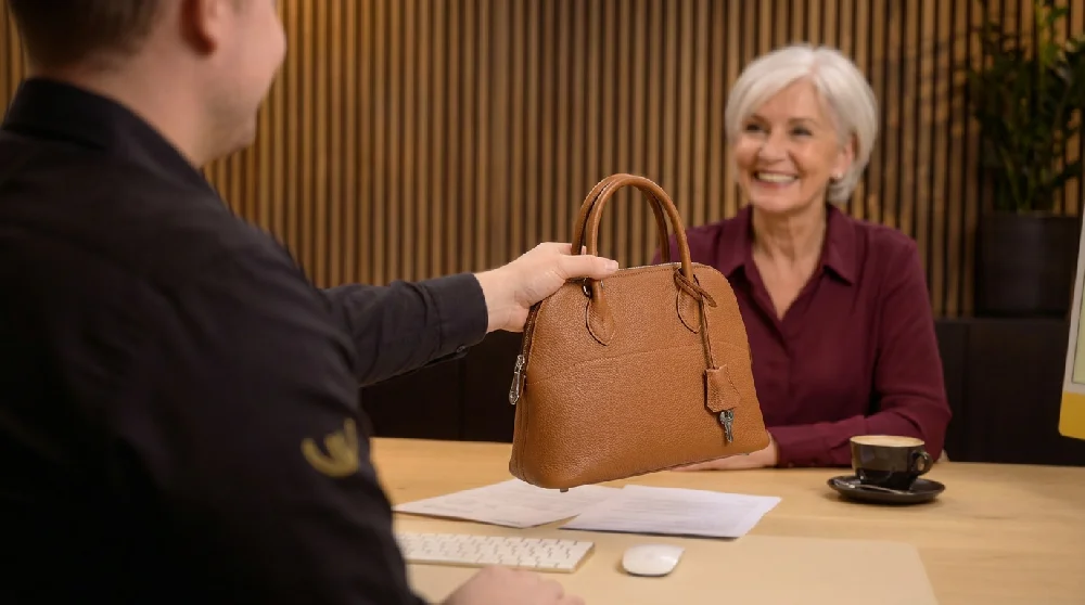 Vrouw vult online een formulier in voor het aanvragen van een lening met onderpand