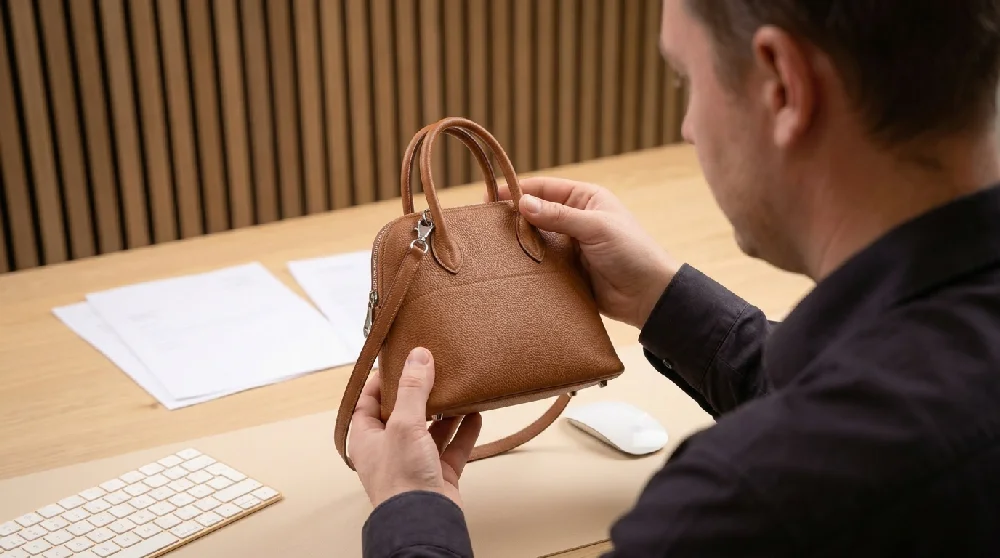 Medewerker verricht taxatie van een luxe tas op een tafel