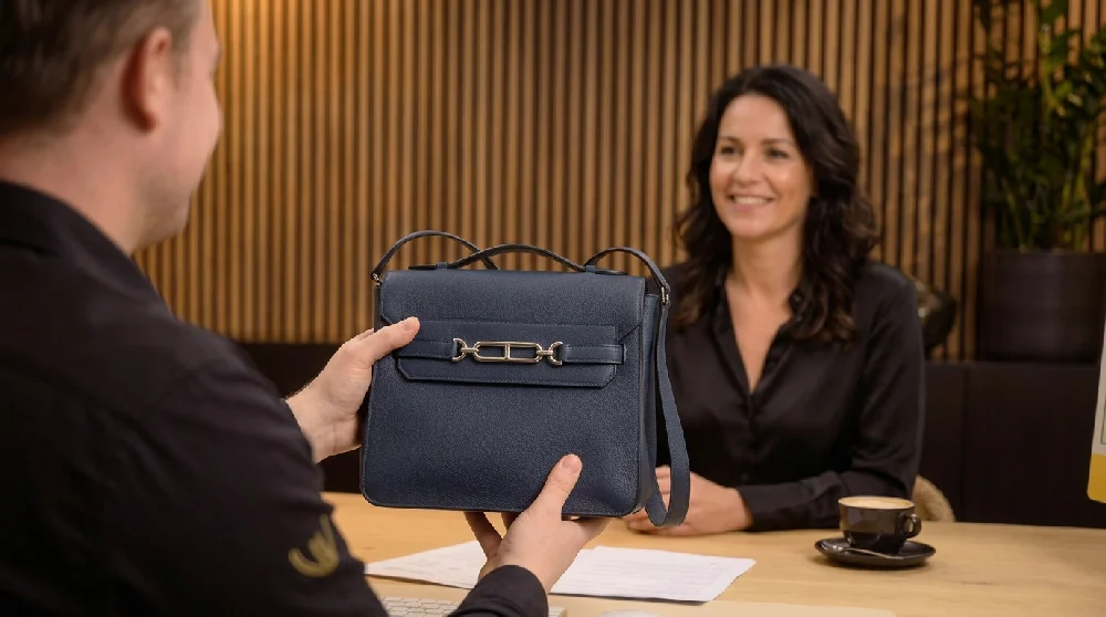 Persoon vult online formulier in voor taxatie Hermès Evelyne tas