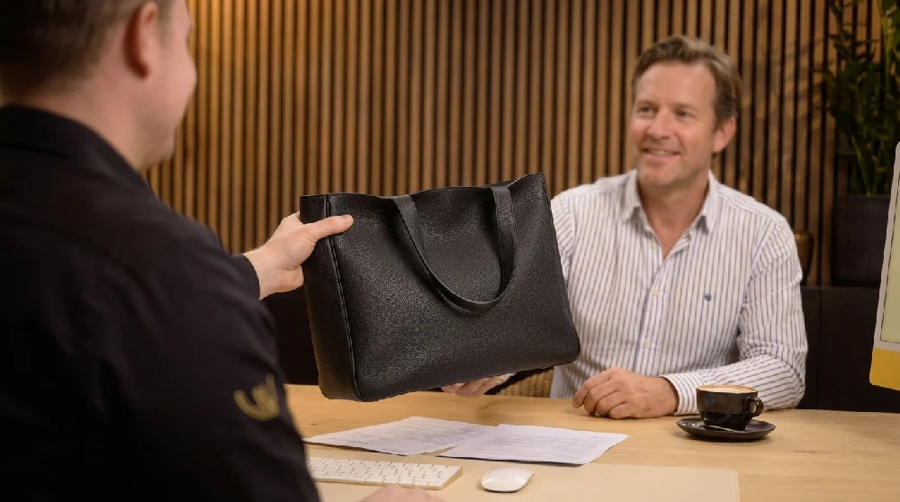 Vrouw vult een online formulier in voor het verpanden van een luxe tas.