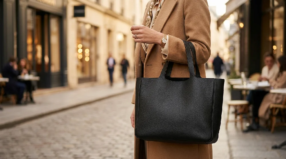 Een close-up van een persoon in een elegante, beige overjas die een grote, zwarte lederen laptoptas of handtas aan de arm draagt. De persoon draagt een subtiel horloge en een ring. De achtergrond toont een sfeervolle, ietwat wazige Europese winkelstraat met kasseien en terrasjes waar mensen zitten.