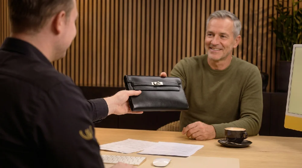 Vrouw vult online formulier in op tablet voor verpanding van Hermès Jige Clutch