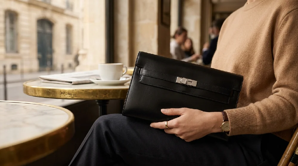 Een persoon in een beige trui en donkere broek zit aan een marmeren tafeltje in een café en houdt een zwarte Hermès Kelly Cut clutch met een zilverkleurige sluiting vast op schoot. Op de achtergrond is door het raam een straat te zien.