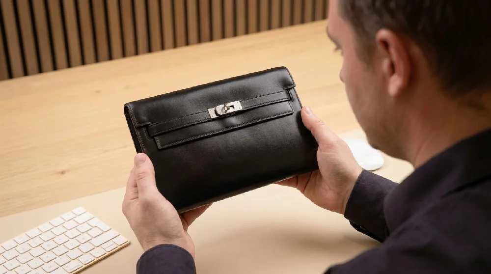 Handen inspecteren een Hermès Jige Clutch op authenticiteit en staat