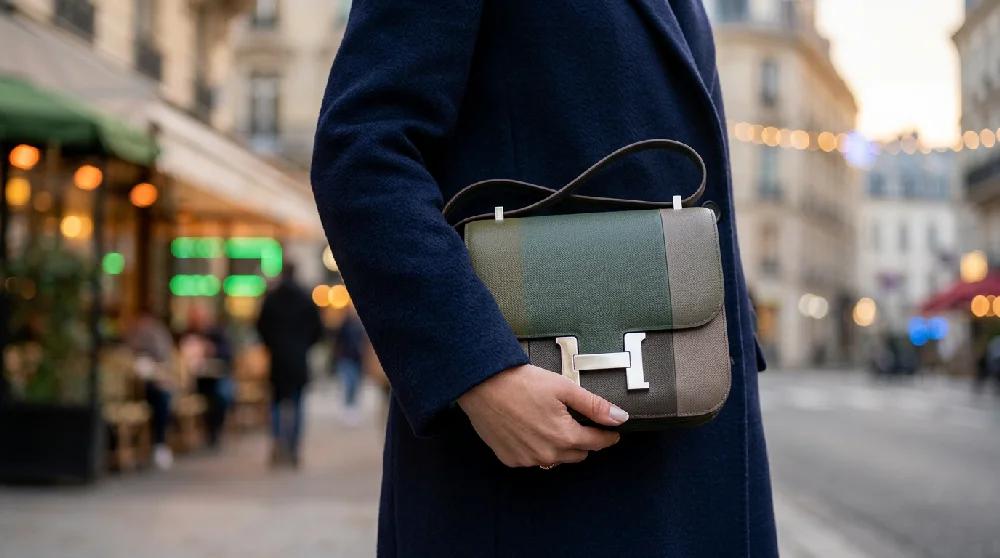 Een close-up van een persoon in een donkerblauwe jas die een Hermès Constance-handtas vasthoudt. De tas heeft groen- en bruintinten en een opvallende zilverkleurige H-sluiting. Op de wazige achtergrond is een stadsstraat met sfeervolle verlichting te zien.