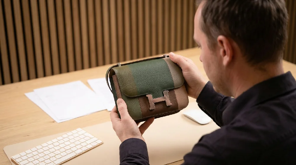 Medewerker Vandaag Verpanden taxeert een Hermès Roulis 23 tas.