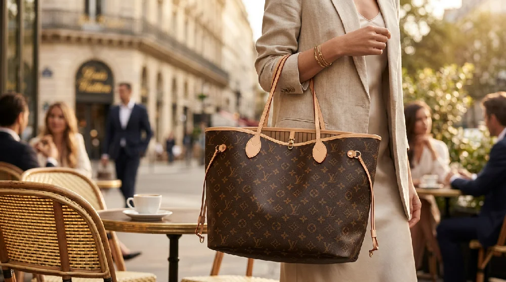 Een close-up van een persoon in een beige linnen blazer die een grote Louis Vuitton Neverfull-tote tas met het klassieke monogrampatroon draagt. Op de wazige achtergrond is een levendig Parijs terras te zien met zittende mensen en historische gebouwen.