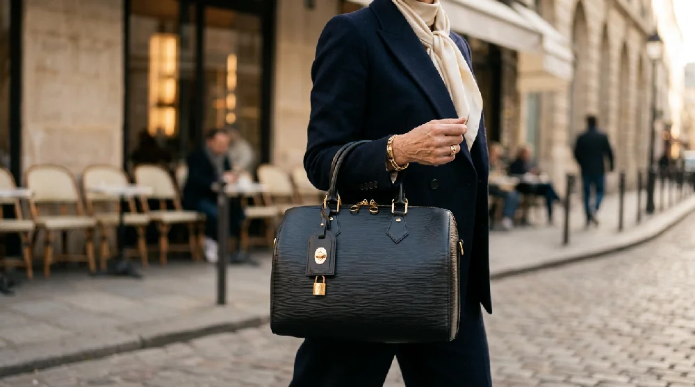 Een close-up van een persoon in een donkerblauw pak en een beige sjaal die een zwarte, generfde leren Louis Vuitton-handtas met een goudkleurig hangslot vasthoudt. Op de wazige achtergrond is een caféterras aan een geplaveide straat te zien.