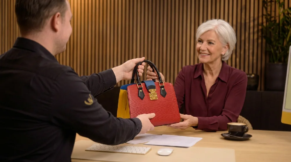 Vrouw vult online formulier in voor taxatie van Louis Vuitton tas
