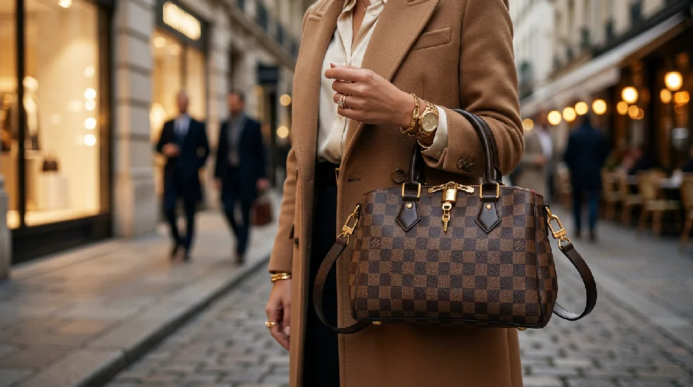 Vrouw met Louis Vuitton tas in een drukke winkelstraat