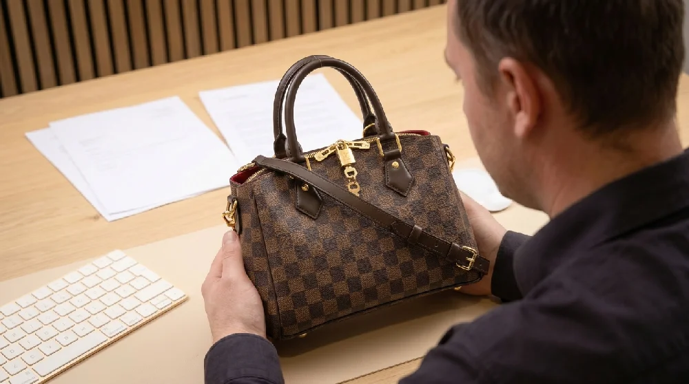 Een man overhandigt een Louis Vuitton-handtas met een bruin geblokt Damier-patroon aan een glimlachende vrouw aan een houten tafel. Op de achtergrond een wand met houten latten.