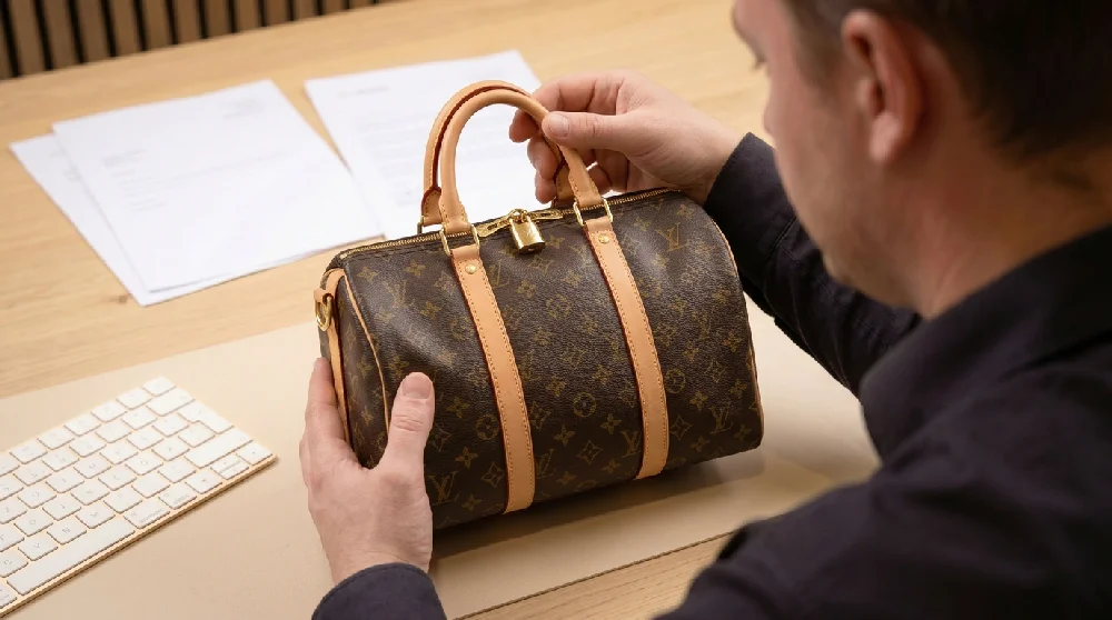 Een medewerker van Vandaag Verpanden inspecteert een Louis Vuitton Steamer PM tas.