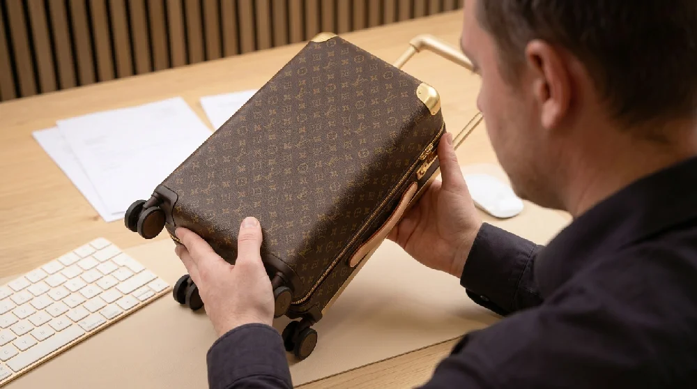 Een medewerker van Vandaag Verpanden inspecteert zorgvuldig een Louis Vuitton Pégase 55 (Koffer) op kwaliteit.