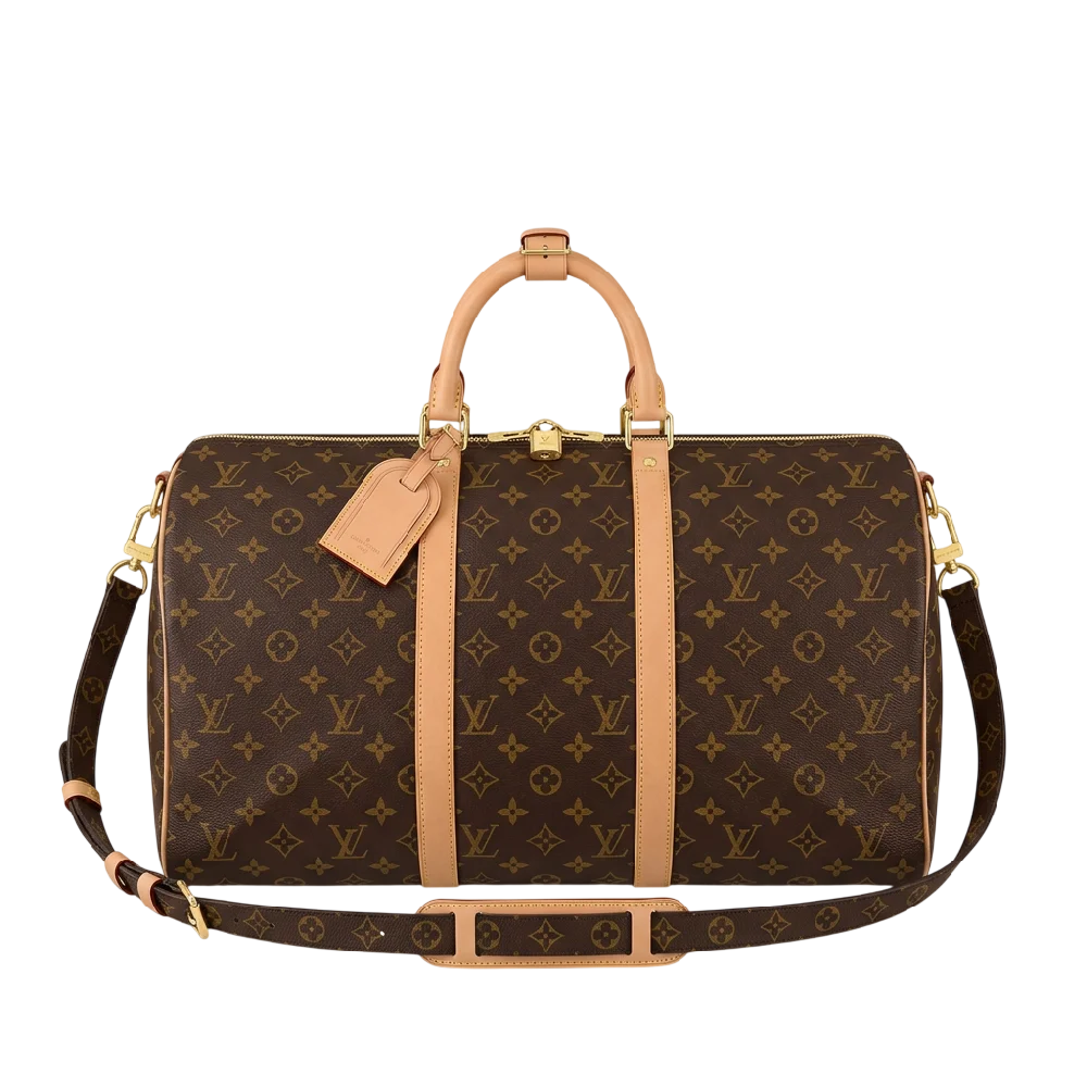 Close-up van een Louis Vuitton Keepall 50 Bandouliere tas in Monogram canvas